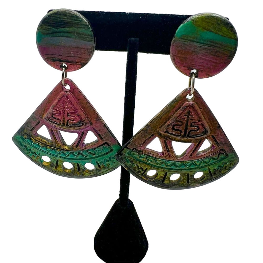 Vibrant funky vintage tribal fan colorful statement earrings